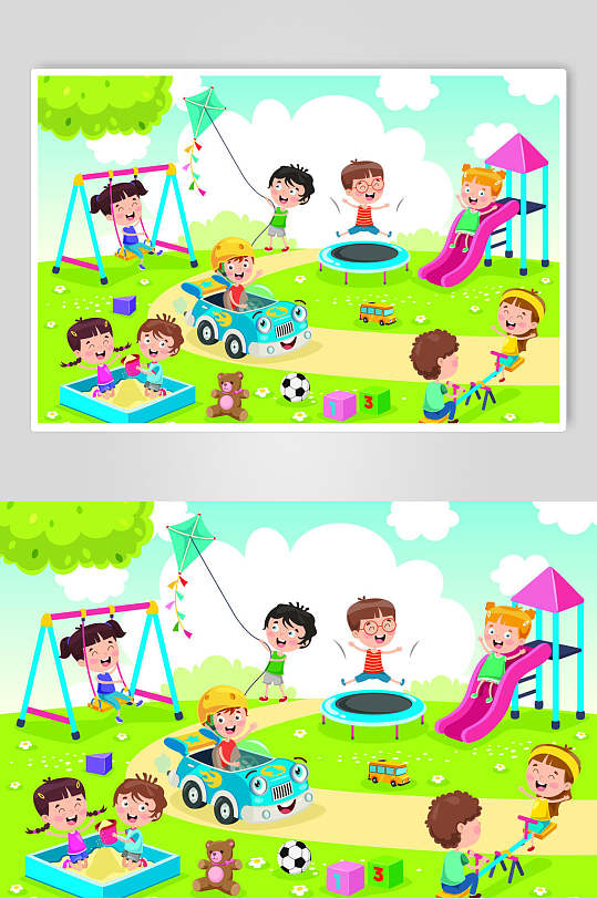 儿童节小孩游乐场卡通插画