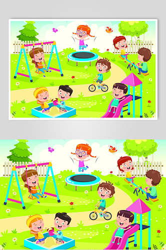 绿色儿童节游乐场玩乐手绘卡通插画