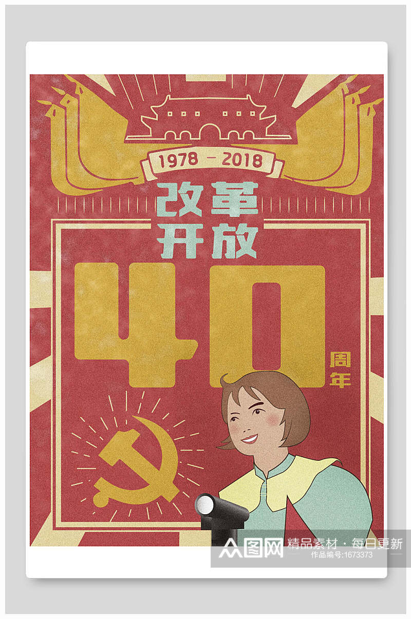 复古风改革开放40周年党建海报素材