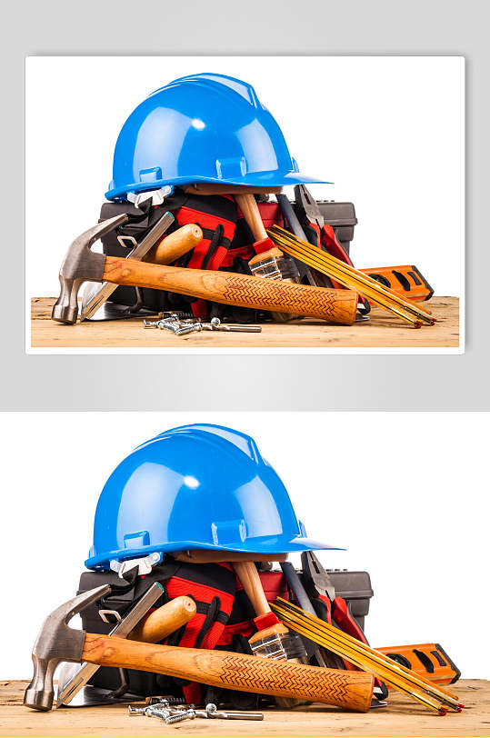 五金工具安全帽一堆工具摄影图