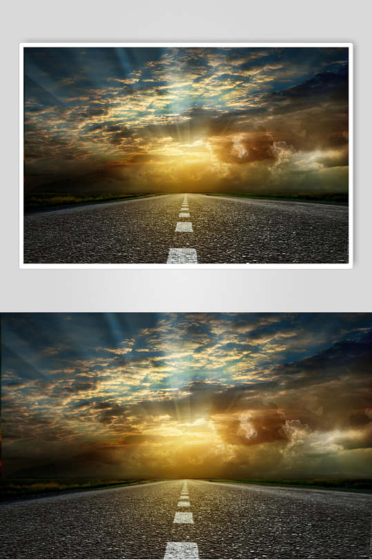 柏油公路日出晨曦中的公路摄影图