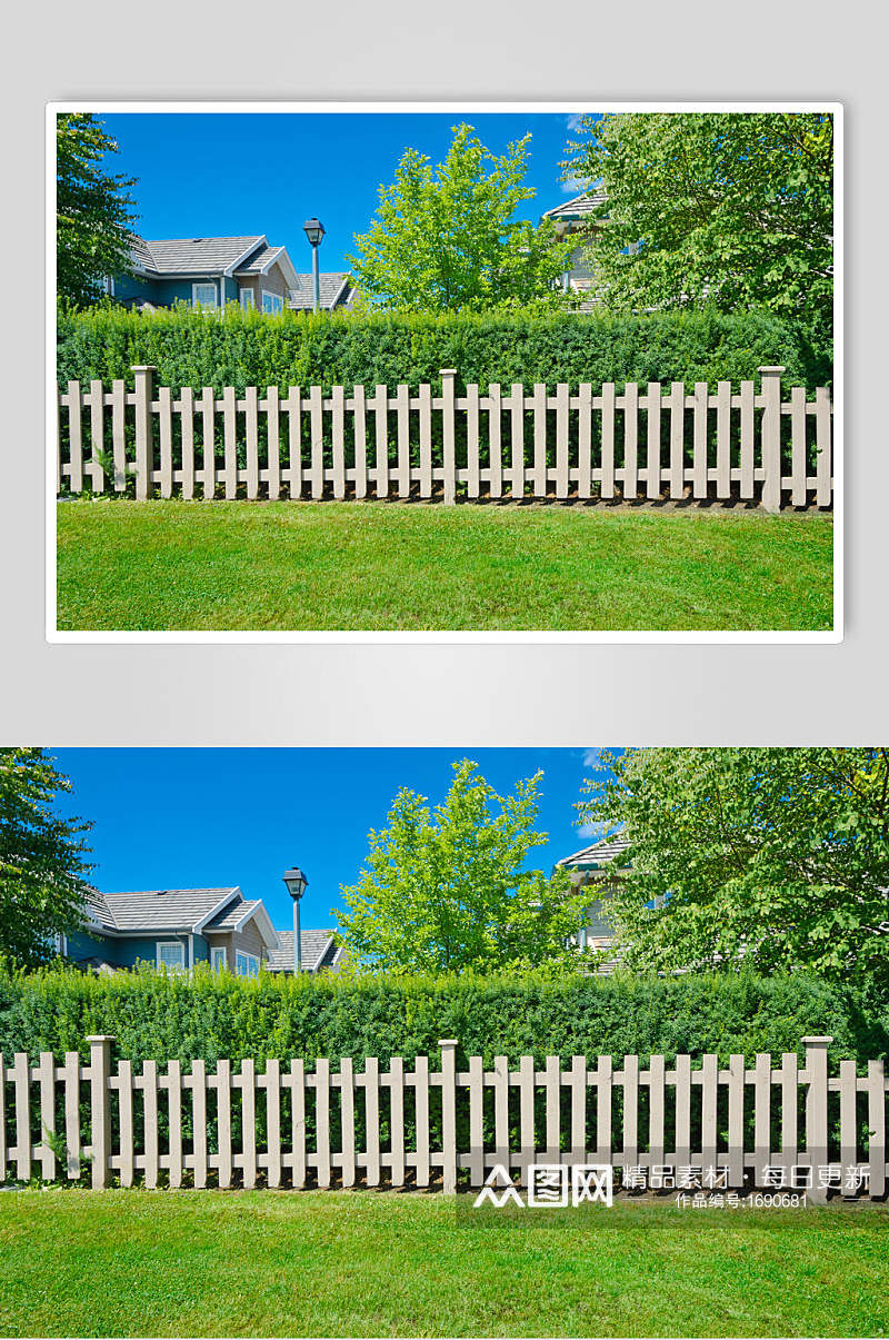 栅栏私人别墅花圃池塘高清摄影图片素材