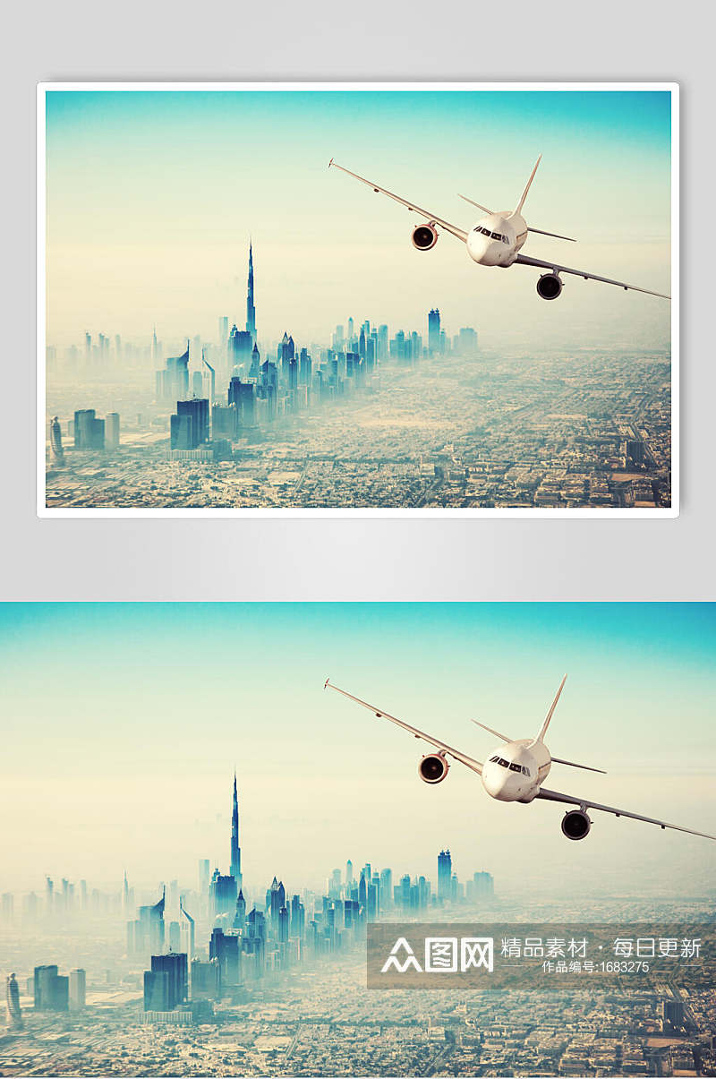 客运客机民航飞机飞跃城市的飞机摄影图素材