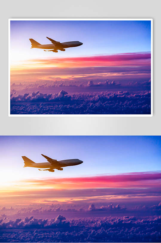 客运客机民航飞机晨光中的飞机摄影图