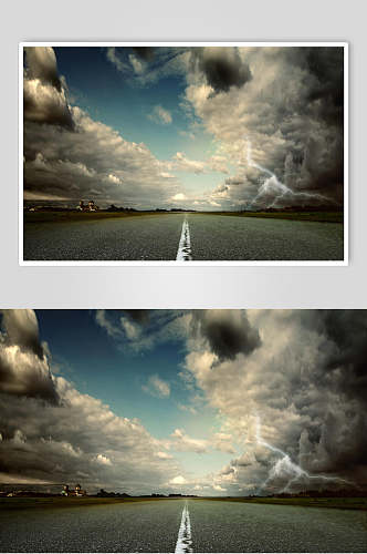 柏油公路翻滚的云视觉摄影图