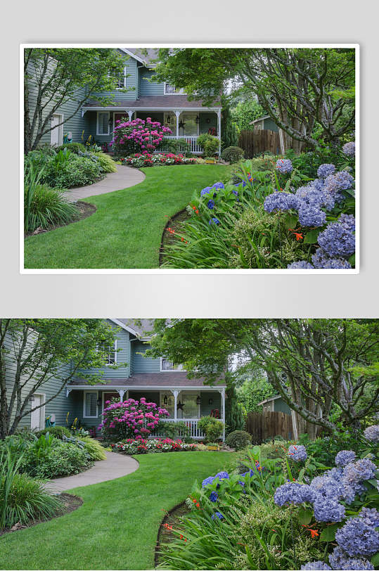 绿色生态私人别墅花圃池塘图片