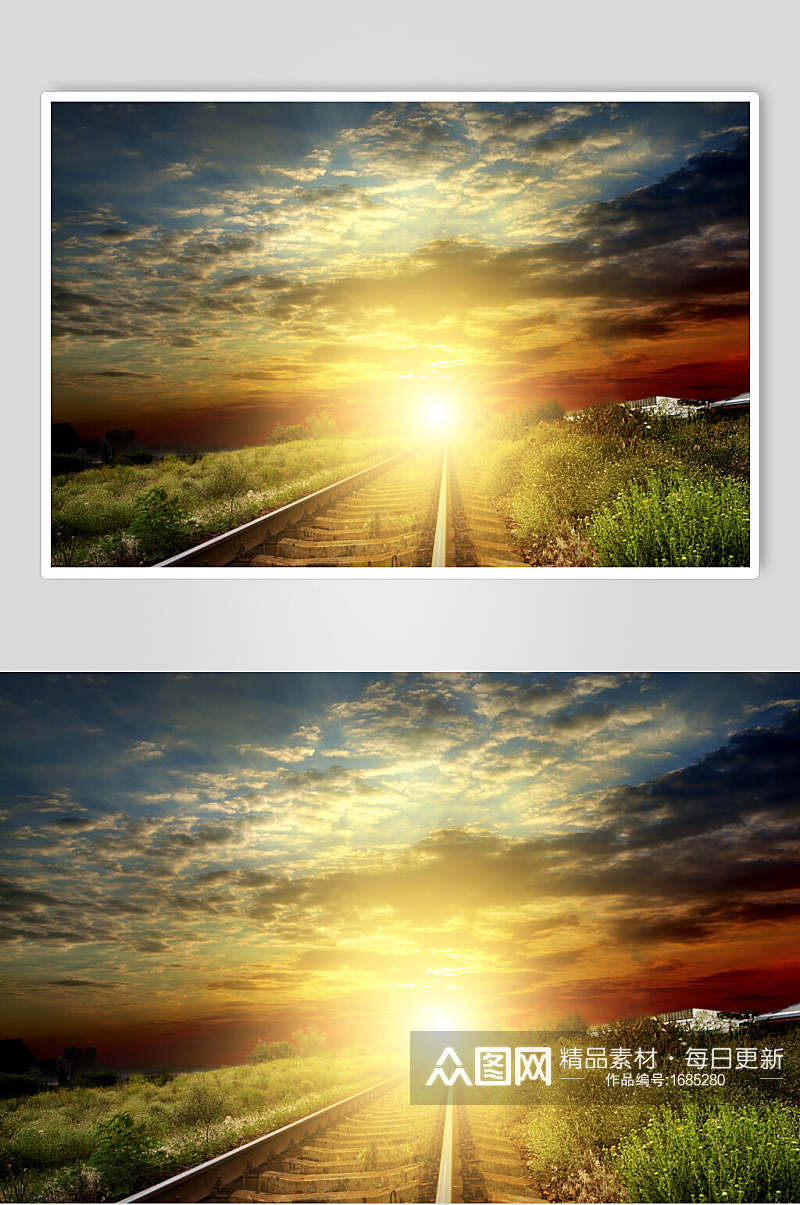 柏油公路夕阳下的铁轨摄影视觉素材