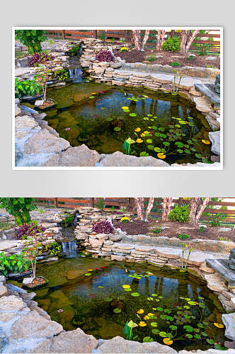 私人别墅花圃池塘图片