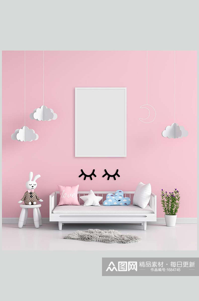 粉色儿童房挂画样机效果图素材