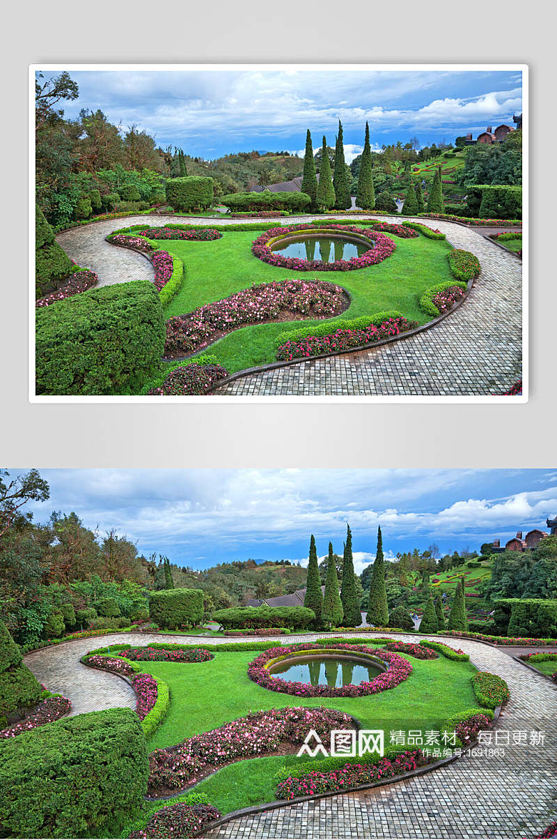 私人别墅花圃池塘广场高清摄影图片素材