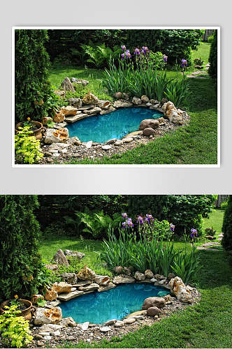 清新私人别墅花圃池塘高清图片