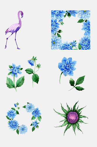 蓝色花环火烈鸟手绘画花卉免抠元素素材