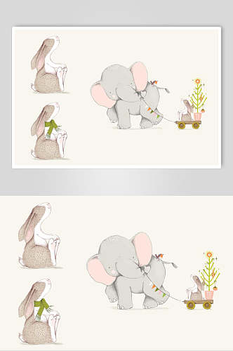 大象与兔子淡雅矢量插画元素素材