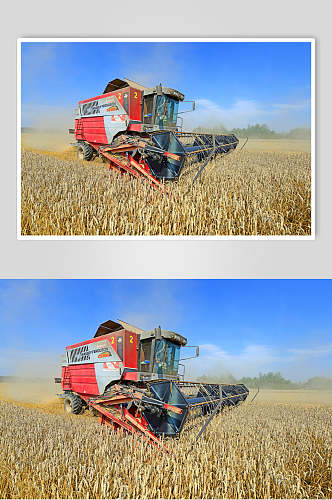 收割机丰收的田野收麦子摄影图