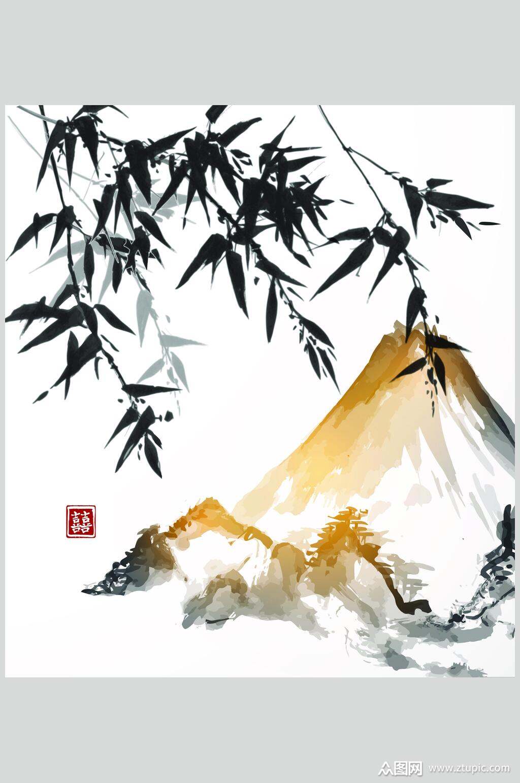 水墨画富士山山景插画元素素材