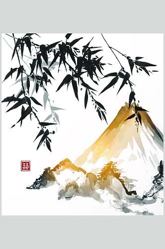 水墨画富士山山景插画元素素材