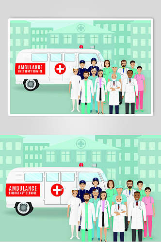 医院救护车医生护士医疗卡通插画