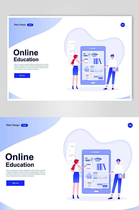 蓝白色网上教育商务插画设计