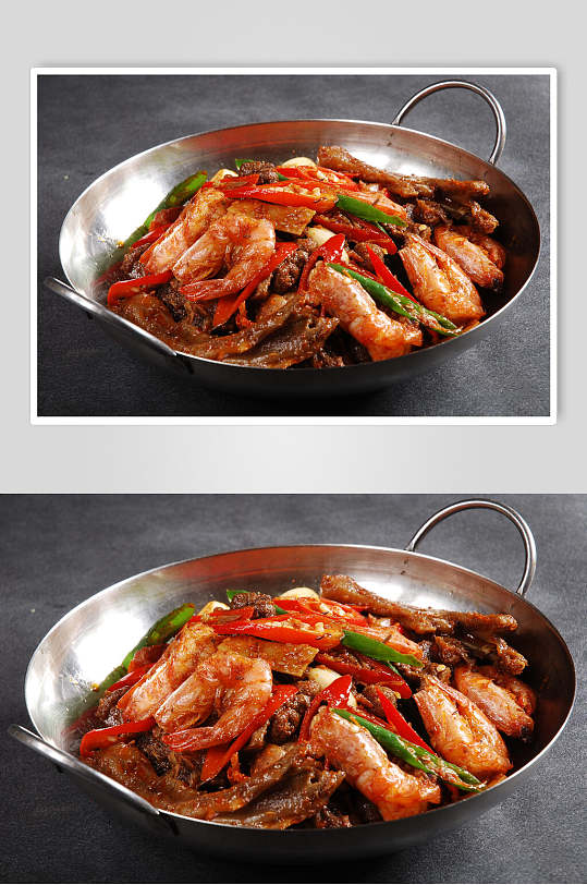 干锅鲜虾焖老鸭美食高清图片