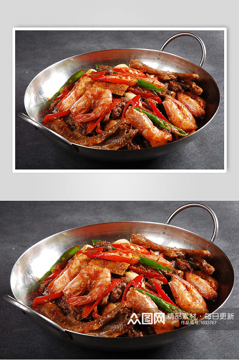 干锅鲜虾焖老鸭美食高清图片素材