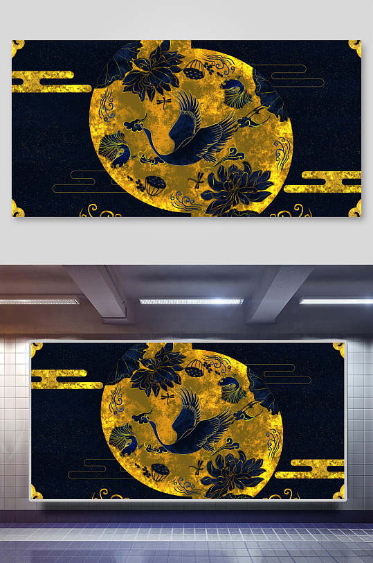 国潮背景黑底金色城市轮廓图案