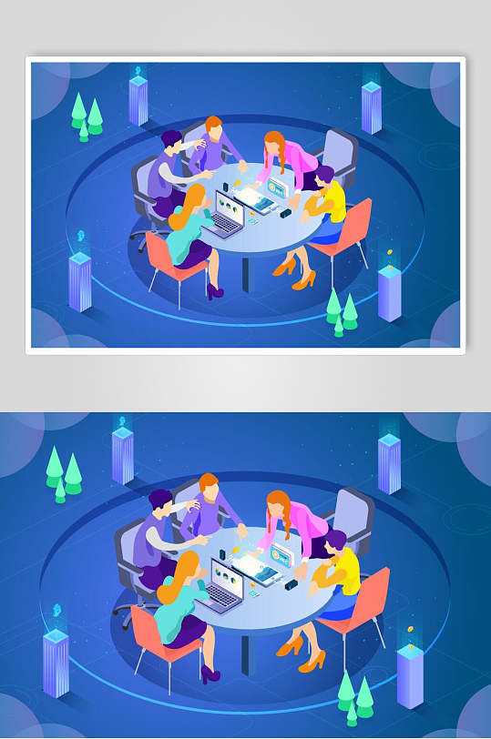 扁平化商务办公圆桌会议插画素材