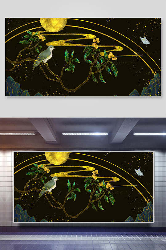 国潮背景横版黑底金色喜鹊望月图案
