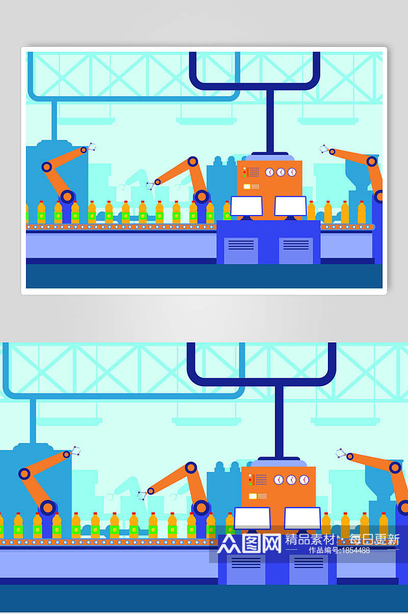 插画设计饮料工厂自动化生产场景素材