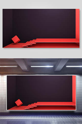 电商背景设计横向黑红色楼梯和正方体