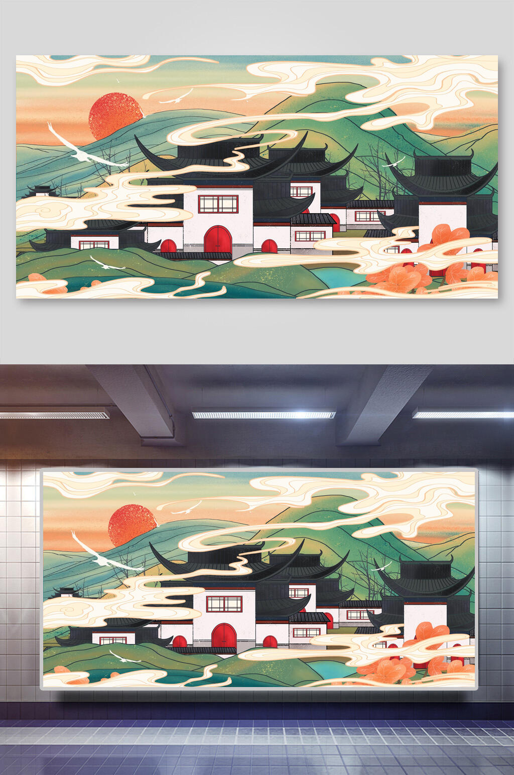 黑白墙古风建筑武汉中国风插画