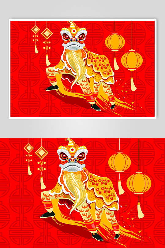 红色中国风舞狮子插画