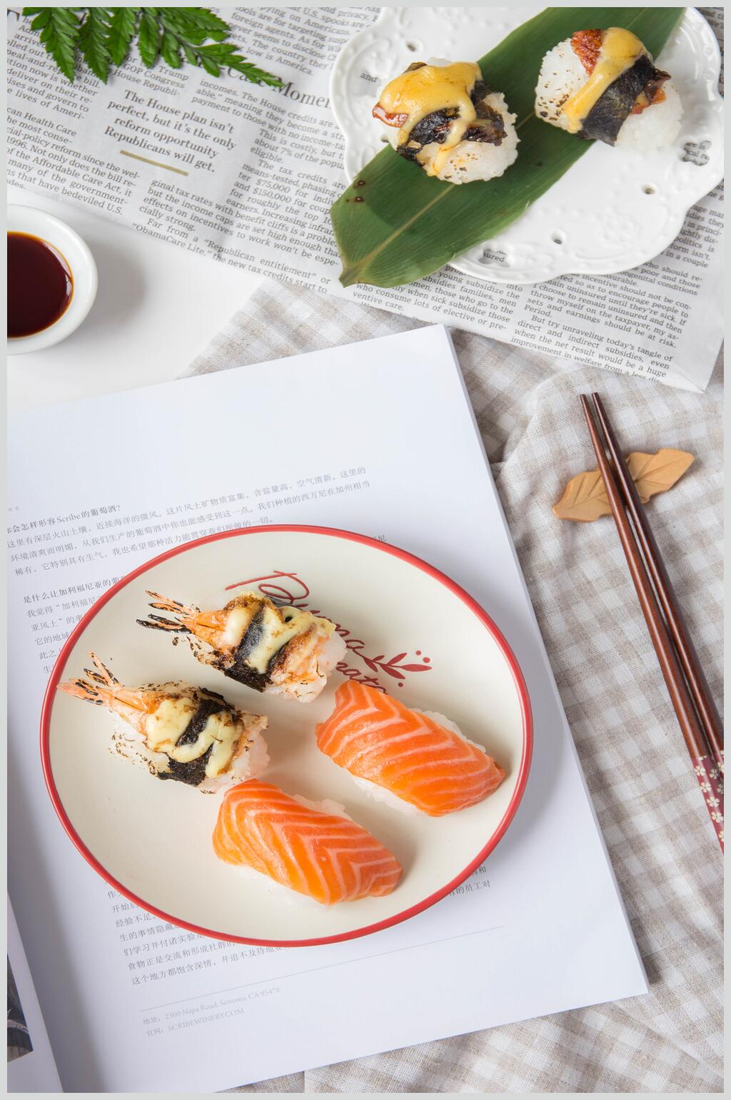 日式虾尾三文鱼寿司美食高清图片素材