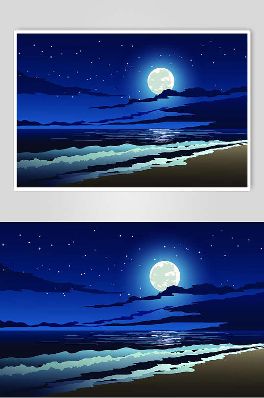 平面風(fēng)月夜海灘插畫設(shè)計