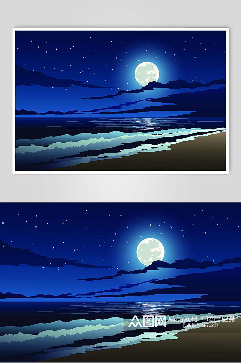 平面风月夜海滩插画设计素材