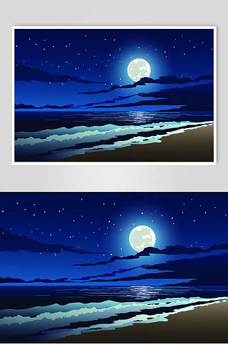 平面风月夜海滩插画设计
