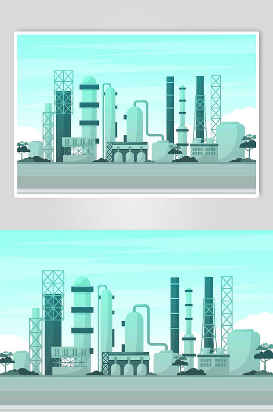 浅蓝色工厂全貌插画设计