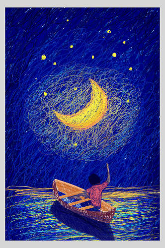 月亮手绘创意插画海报