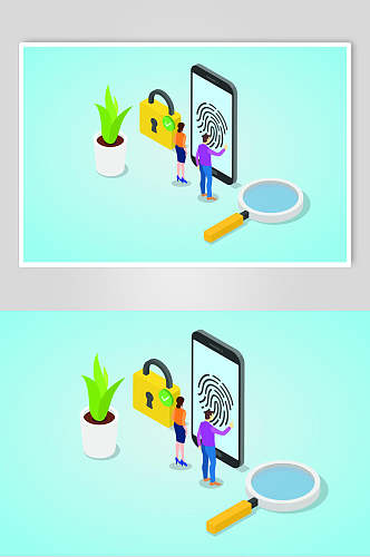 商务插画设计指纹放大镜身份认证元素