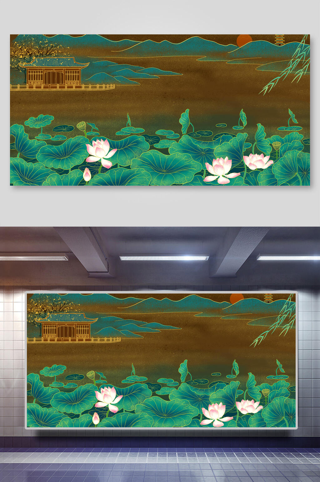 国潮背景景点楼台荷花池塘素材