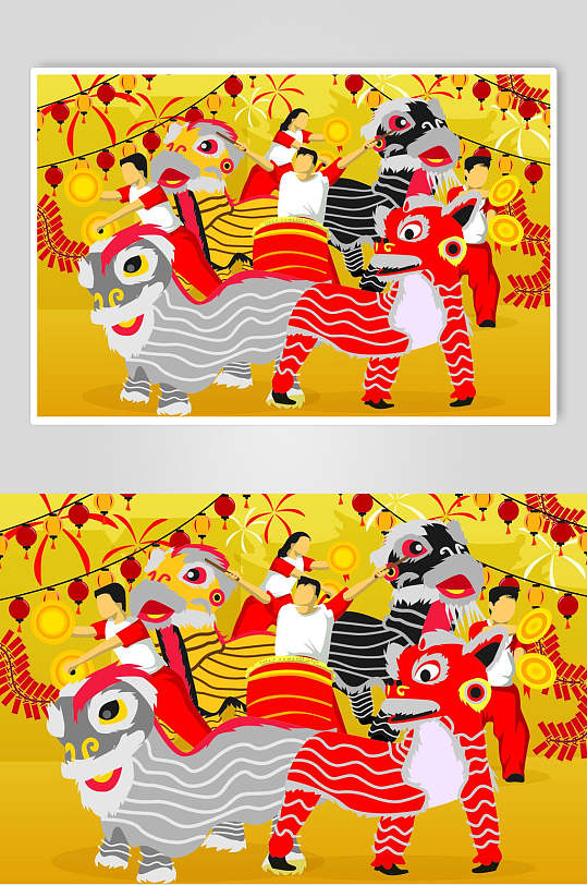 传统中国风舞狮子插画
