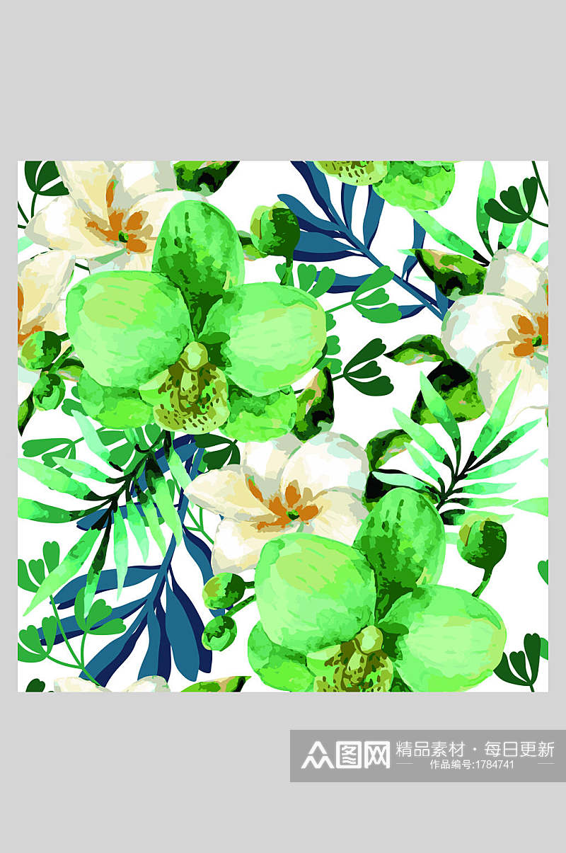 水彩风绿色花卉植物底纹插画素材素材