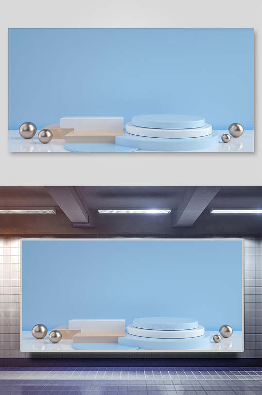 电商背景设计蓝底横向淡蓝展示台
