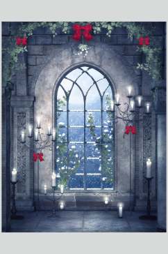 哥特风雪景童话窗户花卉图片