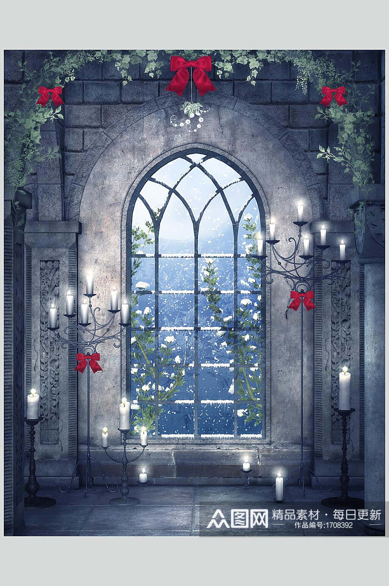 哥特风雪景童话窗户花卉图片素材