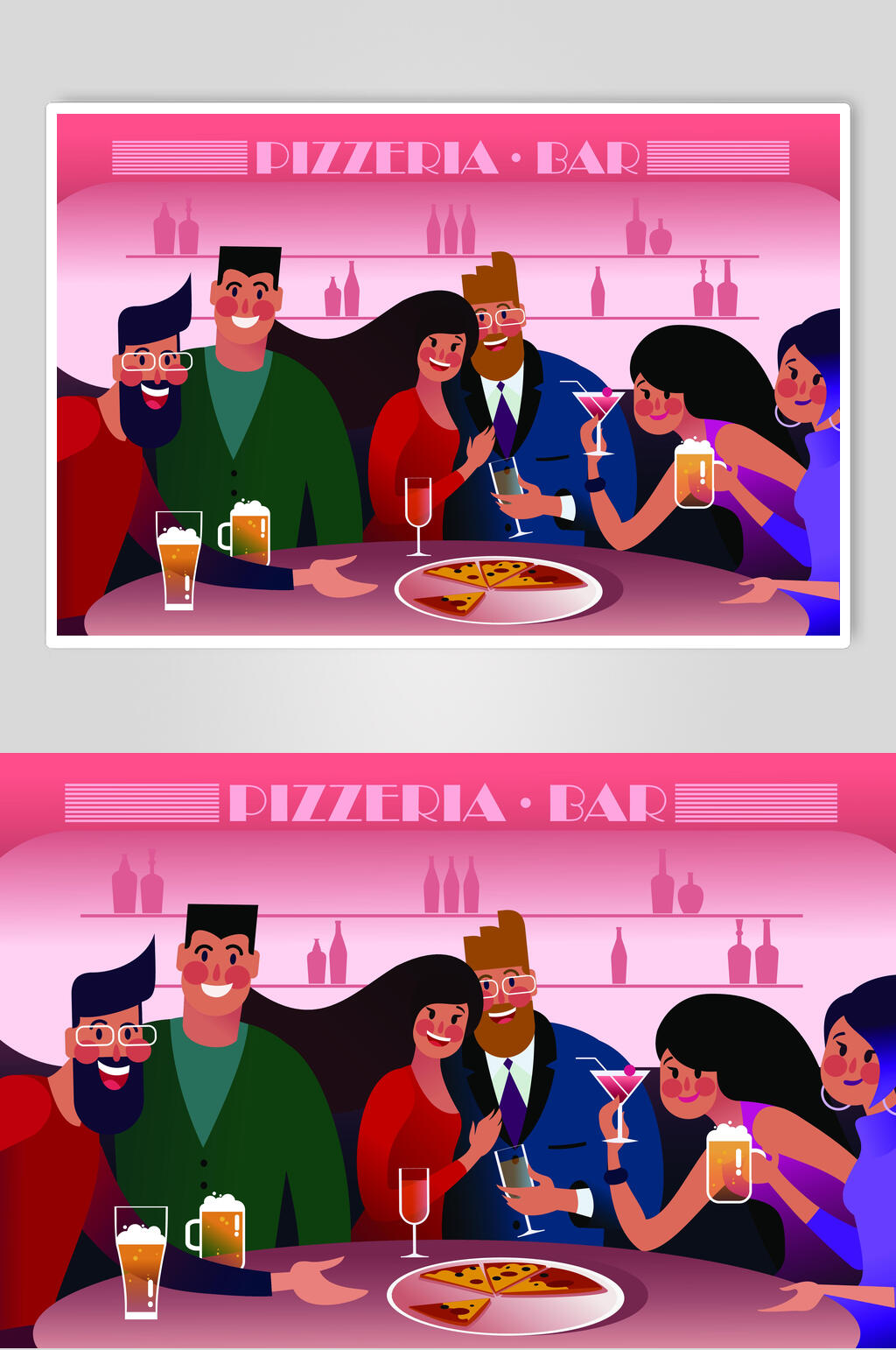 扁平风披萨酒吧插画设计素材