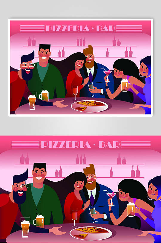 扁平风披萨酒吧插画设计