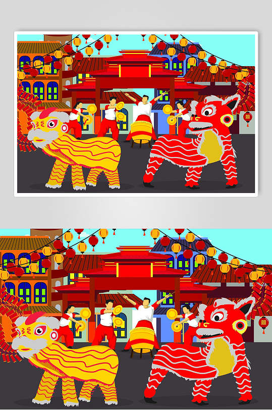 中国风节日舞狮子插画