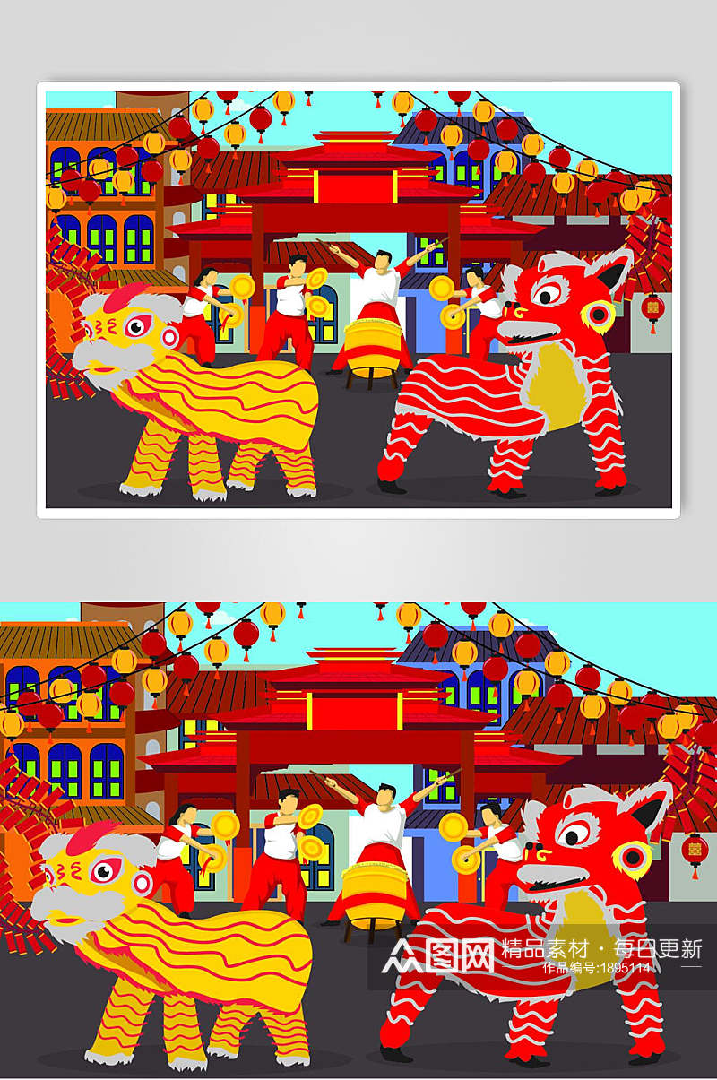中国风节日舞狮子插画素材