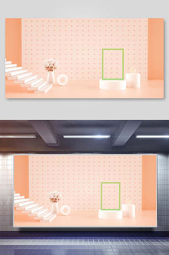 电商背景设计粉色产品展示白色楼梯和花朵
