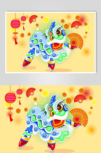 蓝色中国风舞狮子插画